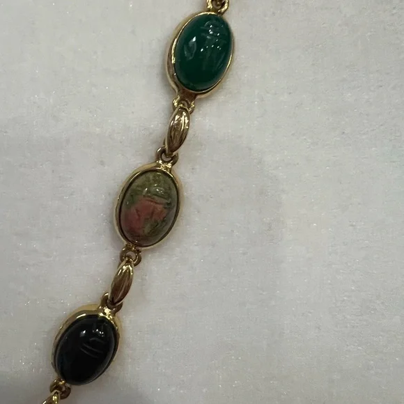Egyptian Revival Vintage Multicolor Stone Scarab Necklace - Picture 4 of 7